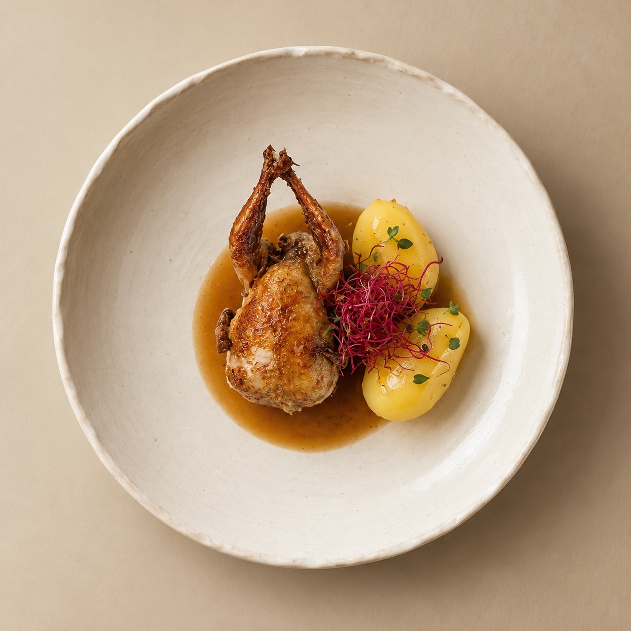 Caille rôtie, pommes de terre et jus corsé dressés dans une assiette en céramique